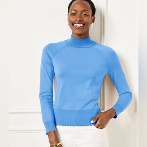 Talbots Blue Scalloped Edge Raglan Sweater, Cotton Knit